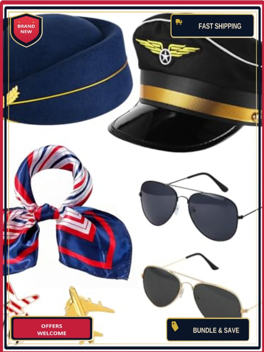 Pilot Captain Costume Accessory Set Cosplay Halloween Flight Attendant